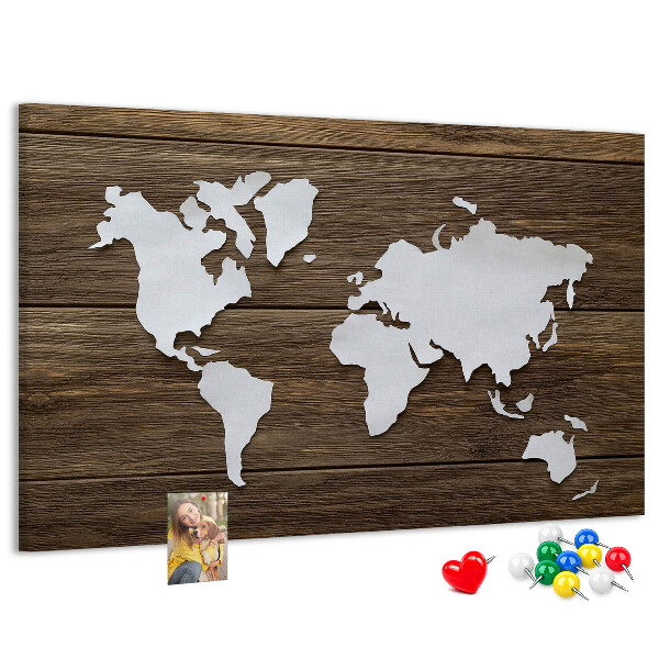 Korková nástěnka Mapa světa na dřevěném pozadí