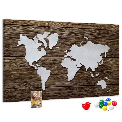 Korková nástěnka Mapa světa na dřevěném pozadí