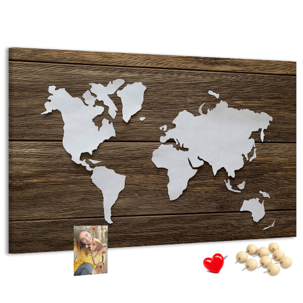 Korková nástěnka Mapa světa na dřevěném pozadí