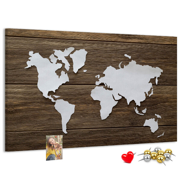 Korková nástěnka Mapa světa na dřevěném pozadí