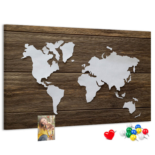 Korková nástěnka Mapa světa na dřevěném pozadí