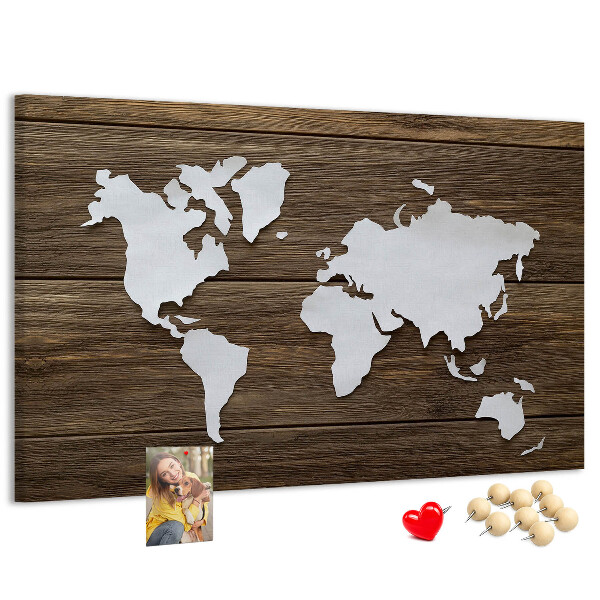 Korková nástěnka Mapa světa na dřevěném pozadí