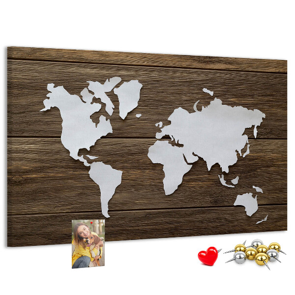 Korková nástěnka Mapa světa na dřevěném pozadí