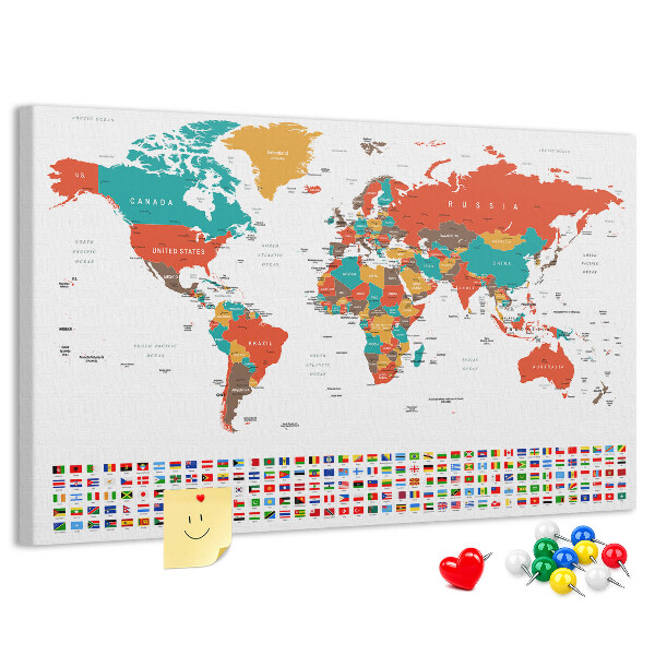 Korková nástěnka Mapa světa s vlajkami zemí