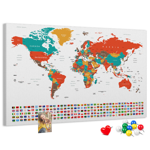 Korková nástěnka Mapa světa s vlajkami zemí