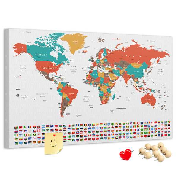 Korková nástěnka Mapa světa s vlajkami zemí