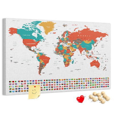 Korková nástěnka Mapa světa s vlajkami zemí