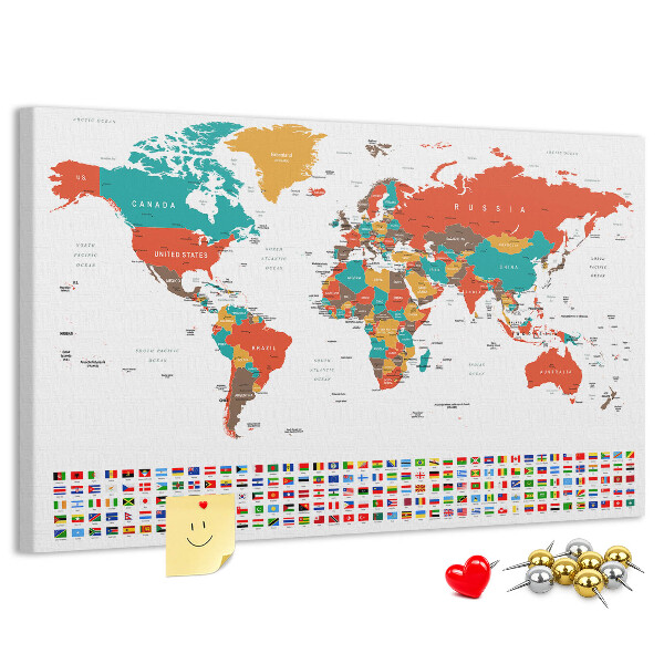 Korková nástěnka Mapa světa s vlajkami zemí