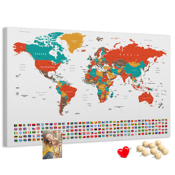 Korková nástěnka Mapa světa s vlajkami zemí
