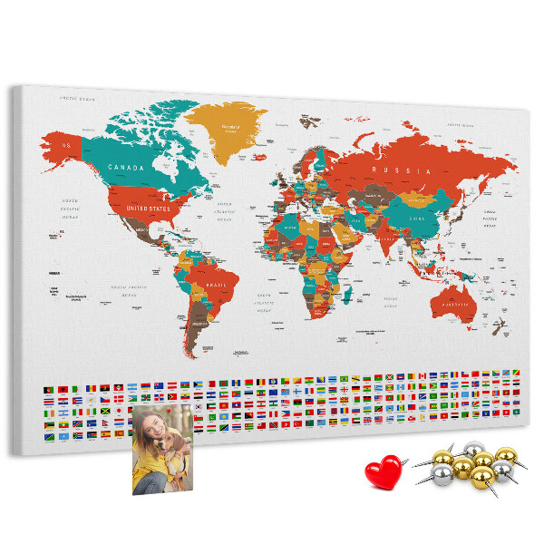 Korková nástěnka Mapa světa s vlajkami zemí