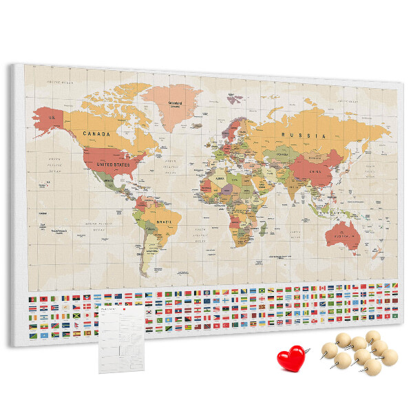 Korková nástěnka Mapa světa s barevnými vlajkami zemí