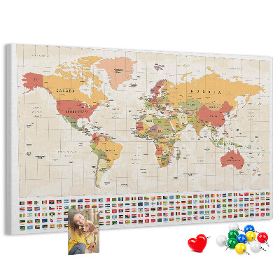 Korková nástěnka Mapa světa s barevnými vlajkami zemí