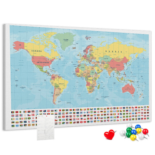 Nástěnka Mapa světa s barevnými vlajkami.