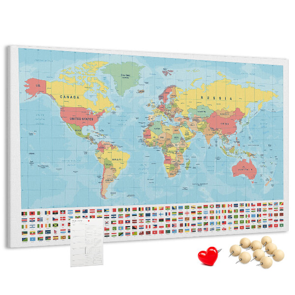 Nástěnka Mapa světa s barevnými vlajkami.