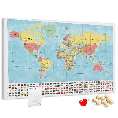 Nástěnka Mapa světa s barevnými vlajkami.