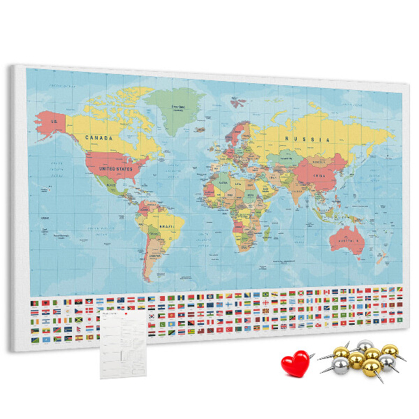 Nástěnka Mapa světa s barevnými vlajkami.