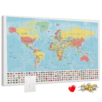 Nástěnka Mapa světa s barevnými vlajkami.