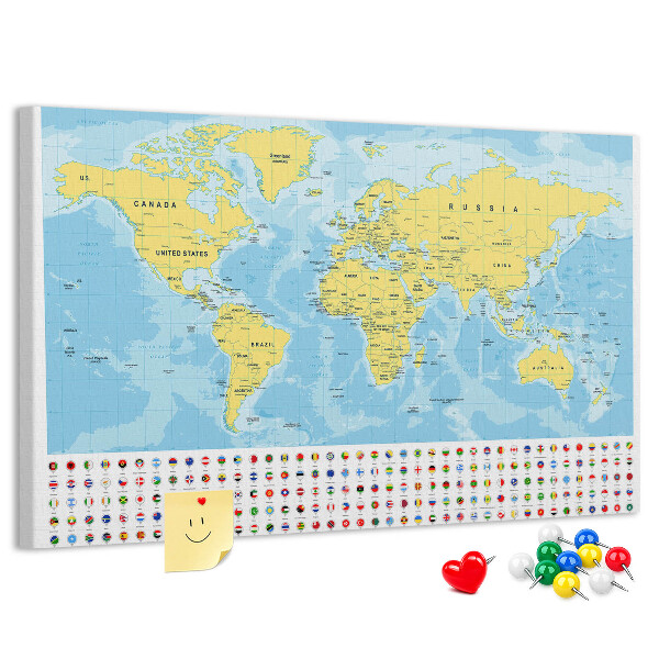 Korková nástěnka Mapa světa s barevnými špendlíky