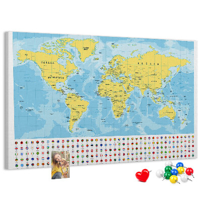 Korková nástěnka Mapa světa s barevnými špendlíky