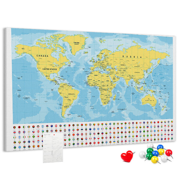 Korková nástěnka Mapa světa s barevnými špendlíky