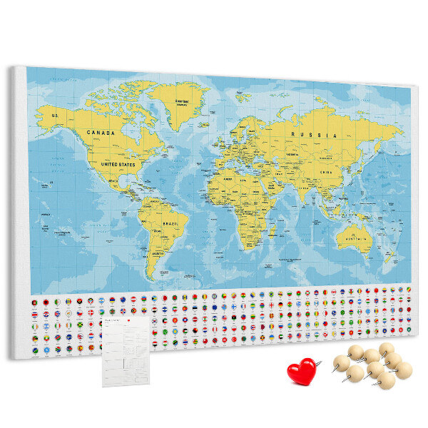 Korková nástěnka Mapa světa s barevnými špendlíky