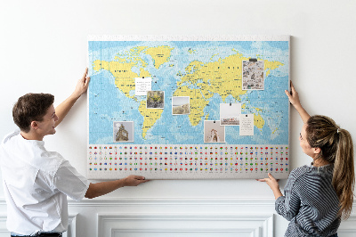 Korková nástěnka Mapa světa s barevnými špendlíky