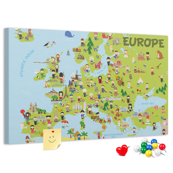 Nástěnka Barevná mapa Evropy s kulturními ikonami
