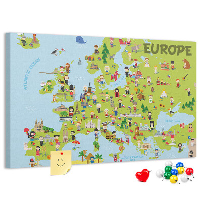 Nástěnka Barevná mapa Evropy s kulturními ikonami