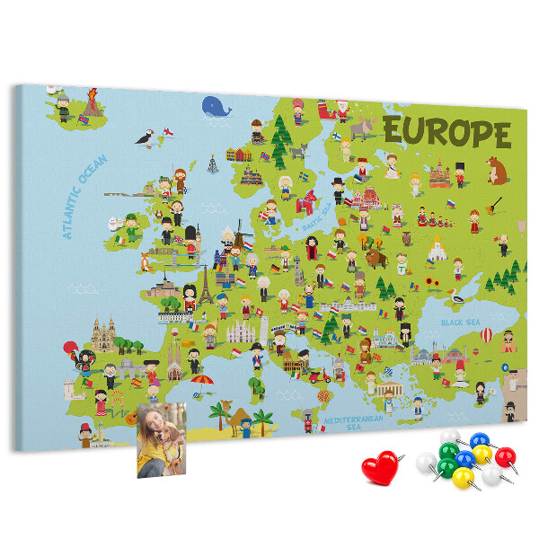 Nástěnka Barevná mapa Evropy s kulturními ikonami