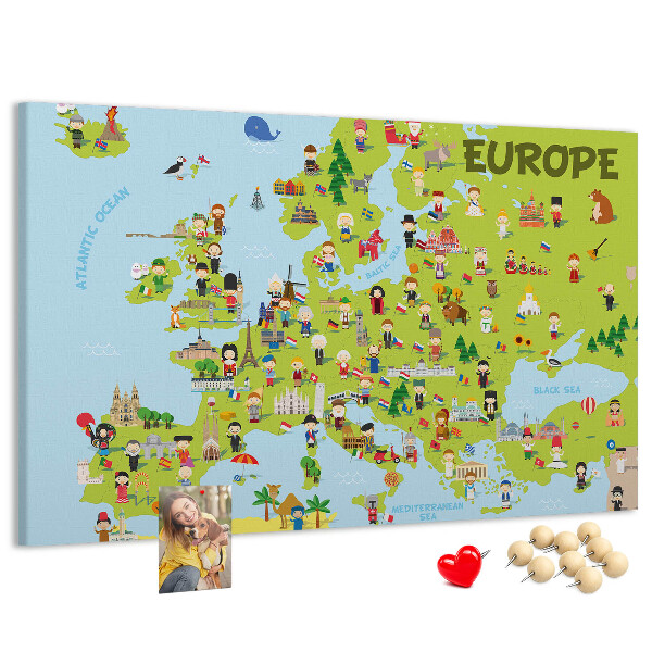 Nástěnka Barevná mapa Evropy s kulturními ikonami