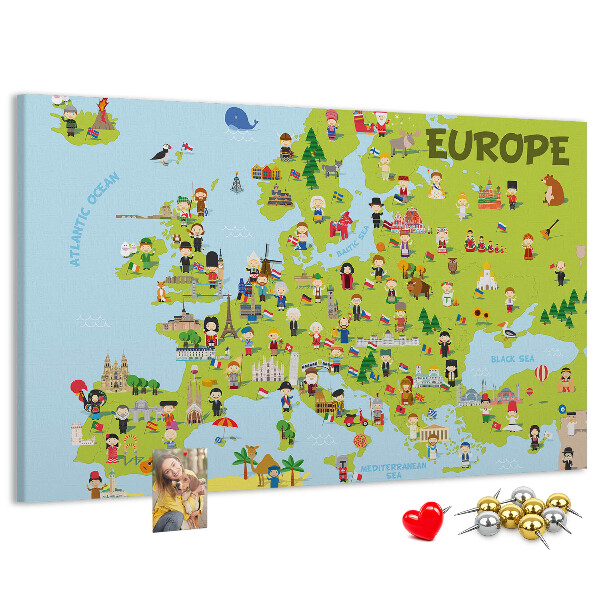 Nástěnka Barevná mapa Evropy s kulturními ikonami