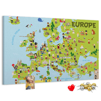 Nástěnka Barevná mapa Evropy s kulturními ikonami