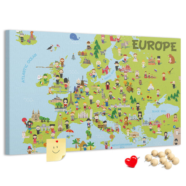 Nástěnka Barevná mapa Evropy s kulturními ikonami