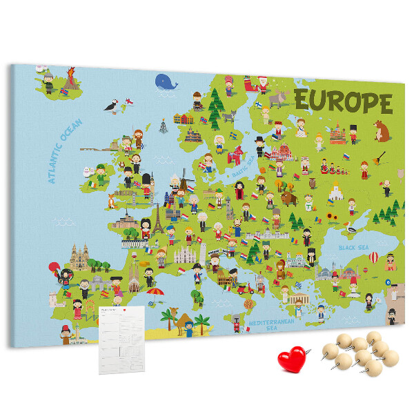 Nástěnka Barevná mapa Evropy s kulturními ikonami
