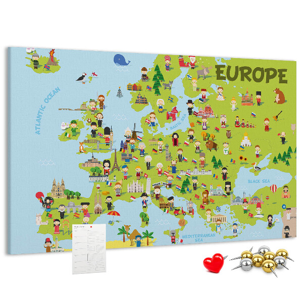 Nástěnka Barevná mapa Evropy s kulturními ikonami
