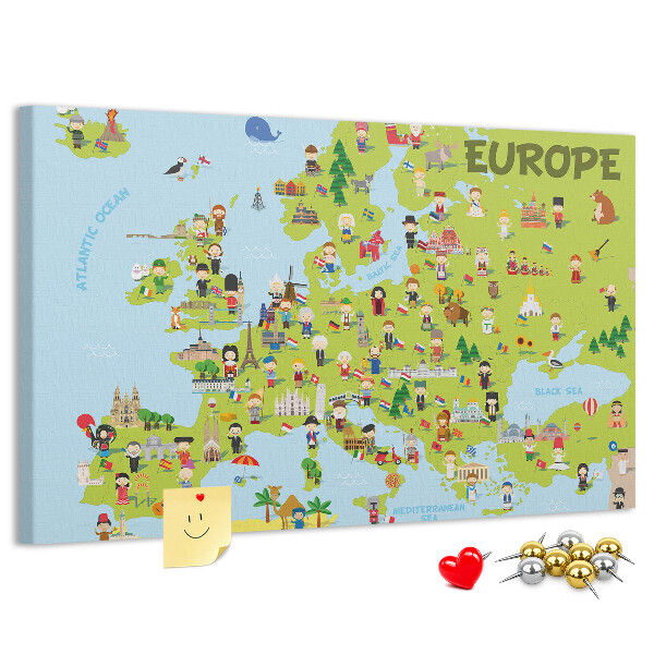 Nástěnka Barevná mapa Evropy s kulturními ikonami