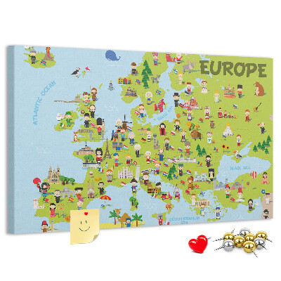 Nástěnka Barevná mapa Evropy s kulturními ikonami