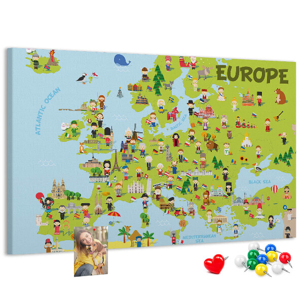 Nástěnka Barevná mapa Evropy s kulturními ikonami