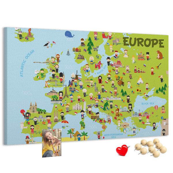 Nástěnka Barevná mapa Evropy s kulturními ikonami