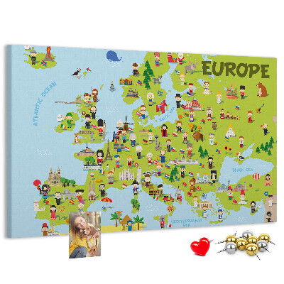 Nástěnka Barevná mapa Evropy s kulturními ikonami