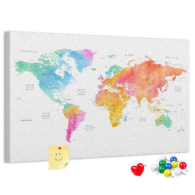 Fětská nástěnka Barevná mapa světa v akvarelu.