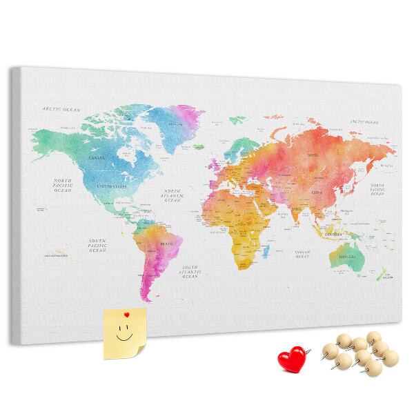 Fětská nástěnka Barevná mapa světa v akvarelu.