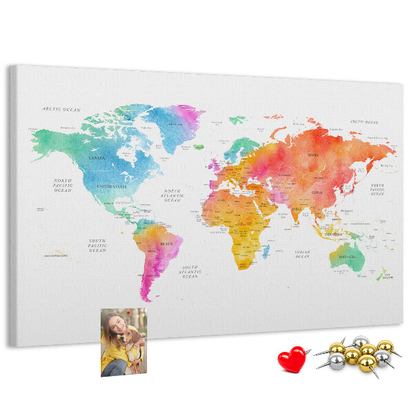 Fětská nástěnka Barevná mapa světa v akvarelu.