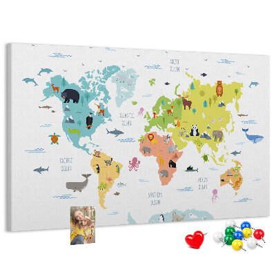 Fětská nástěnka Mapa světa s ilustracemi zvířat.