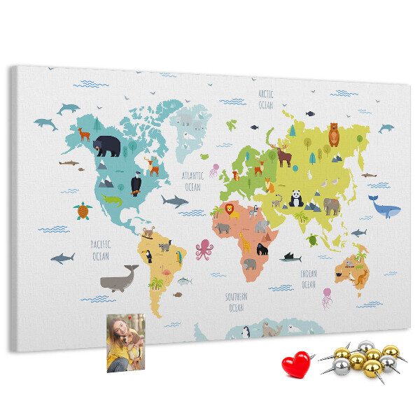 Fětská nástěnka Mapa světa s ilustracemi zvířat.