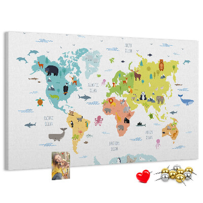 Fětská nástěnka Mapa světa s ilustracemi zvířat.