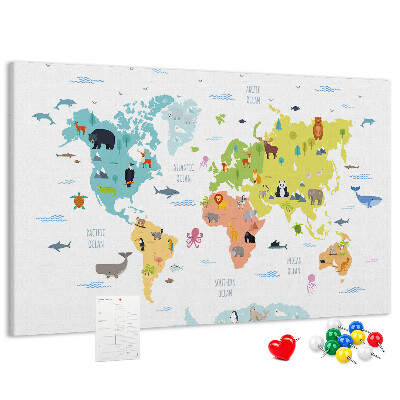 Fětská nástěnka Mapa světa s ilustracemi zvířat.