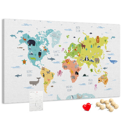 Fětská nástěnka Mapa světa s ilustracemi zvířat.