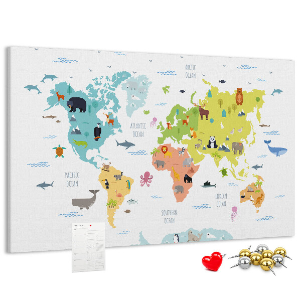 Fětská nástěnka Mapa světa s ilustracemi zvířat.