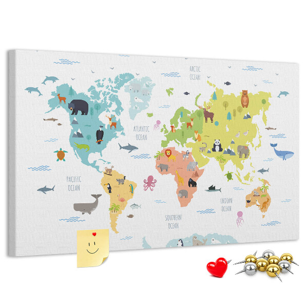 Fětská nástěnka Mapa světa s ilustracemi zvířat.